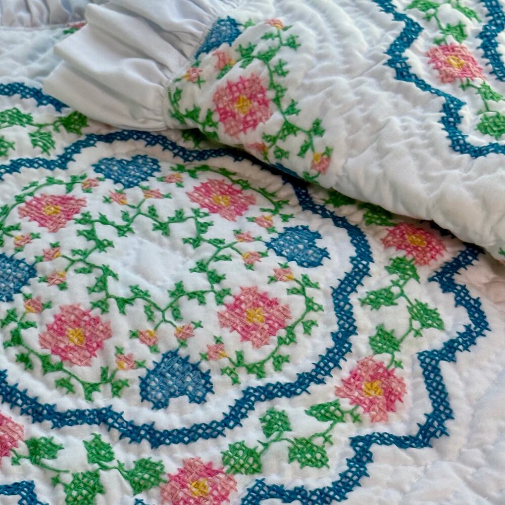 Cottagecore Floral Cross Stitch Style King Pillow Shams Set of 2 Ruffled